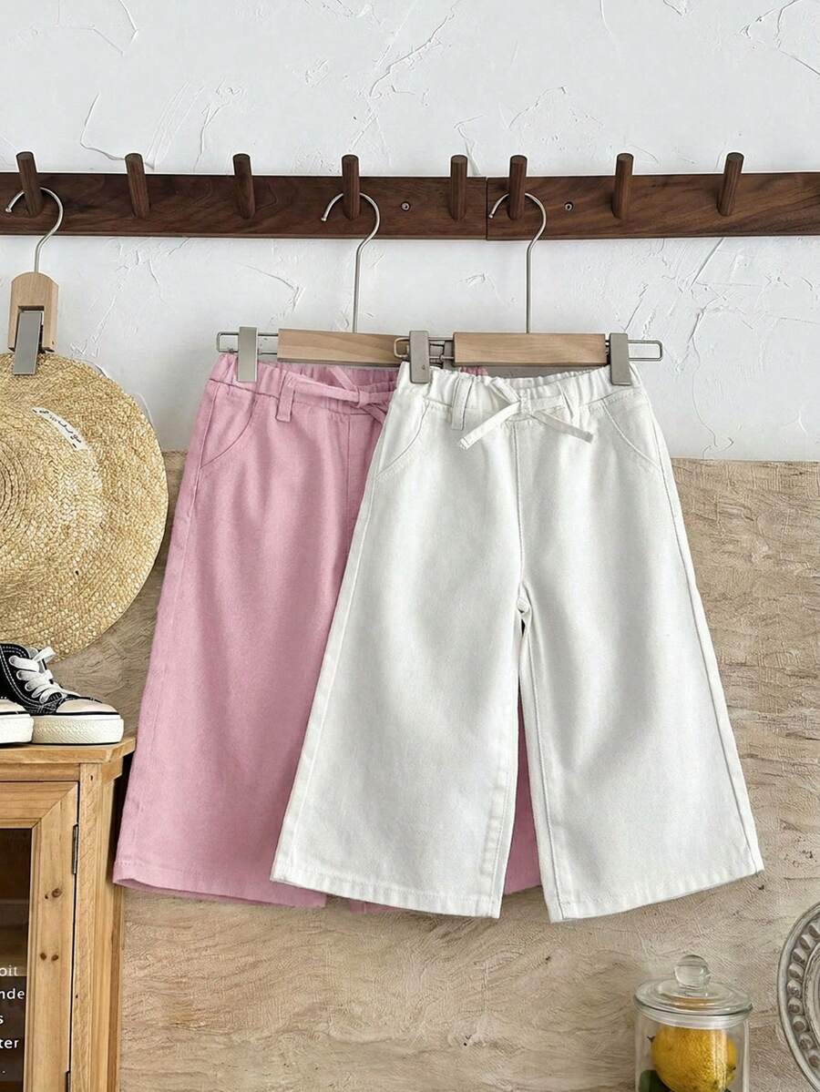 SHEIN LMoss Kids 女嬰兩件式可愛牛仔寬鬆舒適寬腿長褲,春夏休閒度假鄉村波希米亞風,海灘、西部街頭風、春假、電音節牛仔中長褲,畢業季穿搭 - 彩色 - 查看 1