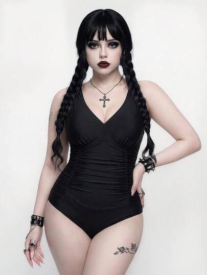 ROMWE Goth Plus Size Women Solid Color Deep V Ruched Waist One-Piece Swimsuit