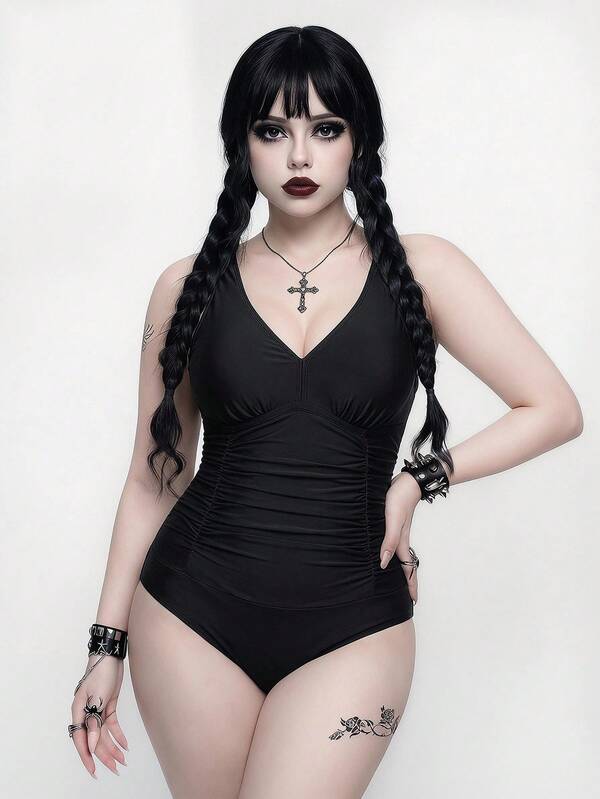 ROMWE Goth 大尺碼女款素色深V抓皺腰身連身泳衣