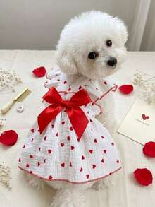 PETSIN One Piece Of Cute & Romantic Pet Dress With Heart-Patterned Harness And Ruffled Edges - Red - View 1