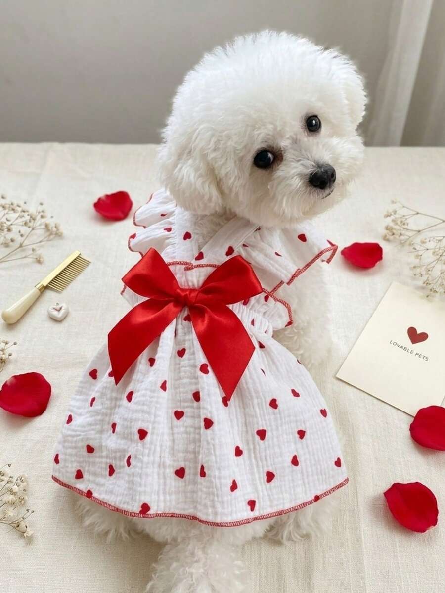 PETSIN One Piece Of Cute & Romantic Pet Dress With Heart-Patterned Harness And Ruffled Edges - Red - View 1