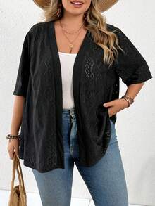 SHEIN CURVE+ Cubre ligero de manga corta y frente abierto de punto jacquard para mujer de talla grande - Negro - Ver 4
