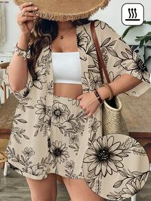 SHEIN VCAY Women's Vacation Resort Style Beige Vintage Boho Line Art Floral Print Short Sleeve Kimono Cover Up - Loose High Waist Shorts Two Pieces Casual Set - Multicolor - View 4