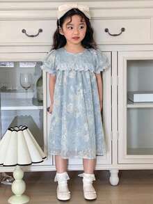 Dazy Kids 女童刺绣梭织短袖连衣裙，春夏款 - 藍色 - 查看 2