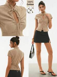 Poéselle Women's Casual Solid Color Hollow Lace-Up Blouse, Summer - Khaki - View 4
