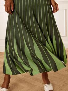 Lilora Women's Elegant French Knitted Dress Commuting Dinner High Tea Brunch Fall Dark Green Striped - Multicolor - View 8