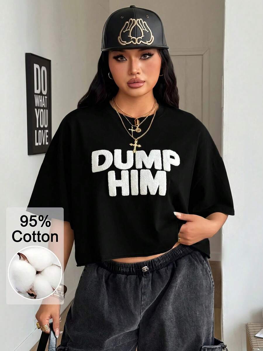 Coolane 女款大尺碼夏秋街頭風 Y2K 休閒純棉字母刺繡落肩寬鬆短袖圓領 T 恤 黑白配色 - 黑色 - 查看 1