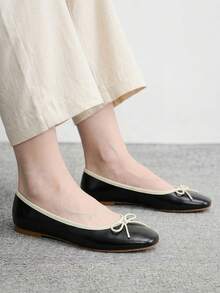 CUCCOO BIZCHIC 小方头女鞋，时尚通勤休闲百搭，舒适软底蝴蝶结纯色平底鞋 - 黑色 - 查看 2