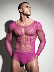 DSELFIQUE Men's Jacquard Sheer Long Sleeve Sexy Jumpsuit - Hot Pink - View 1