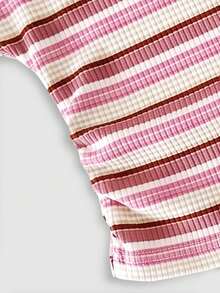 SHEIN 2件組少女針織條紋3D花朵裝飾立領T恤與內搭褲套裝 - 粉色 - 查看 7