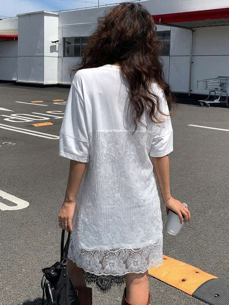 Women's Lace Patchwork Sleeveless 2 In 1 Short Sleeve Dress