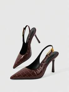 Sleekvia Women's New Thin High-Heel Pointed-Toe Pumps, Mirror PU Material, Metal Rhinestone Buckle, Simple And Elegant Commuter Wear, Back Strap Pointed-Toe Heels - bright brown - View 9