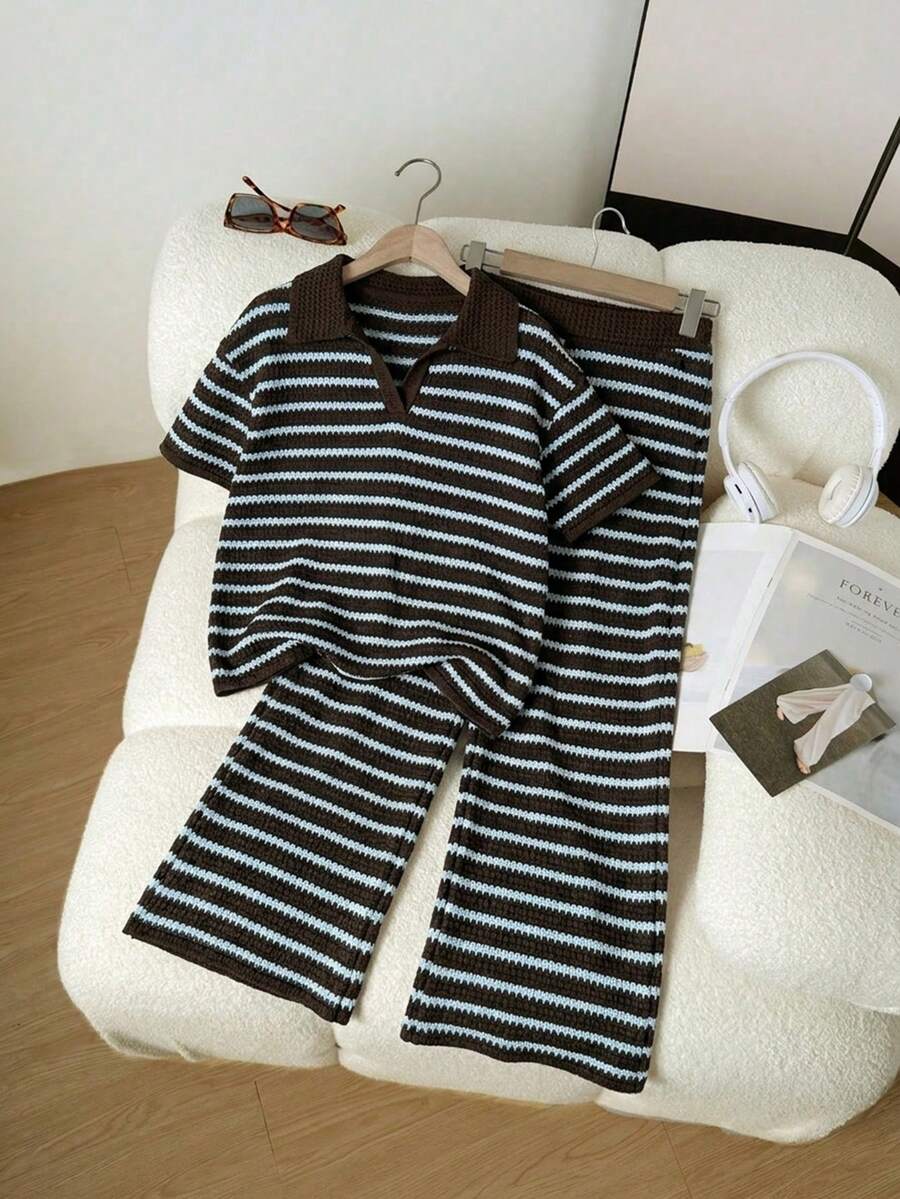 Tween Girls 2pcs Horizontal Striped Knit Outfit Polo Neck Short Sleeve T-Shirt And Wide Leg Pants Set Brown Blue Loose Trousers Casual Tracksuit