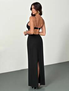 SHEIN Tall Women's Elegant Hollow-Out Spaghetti Strap Dress, Solid Color, Summer Outfits Clothes For Women Holiday, Tall Women - Black - View 2
