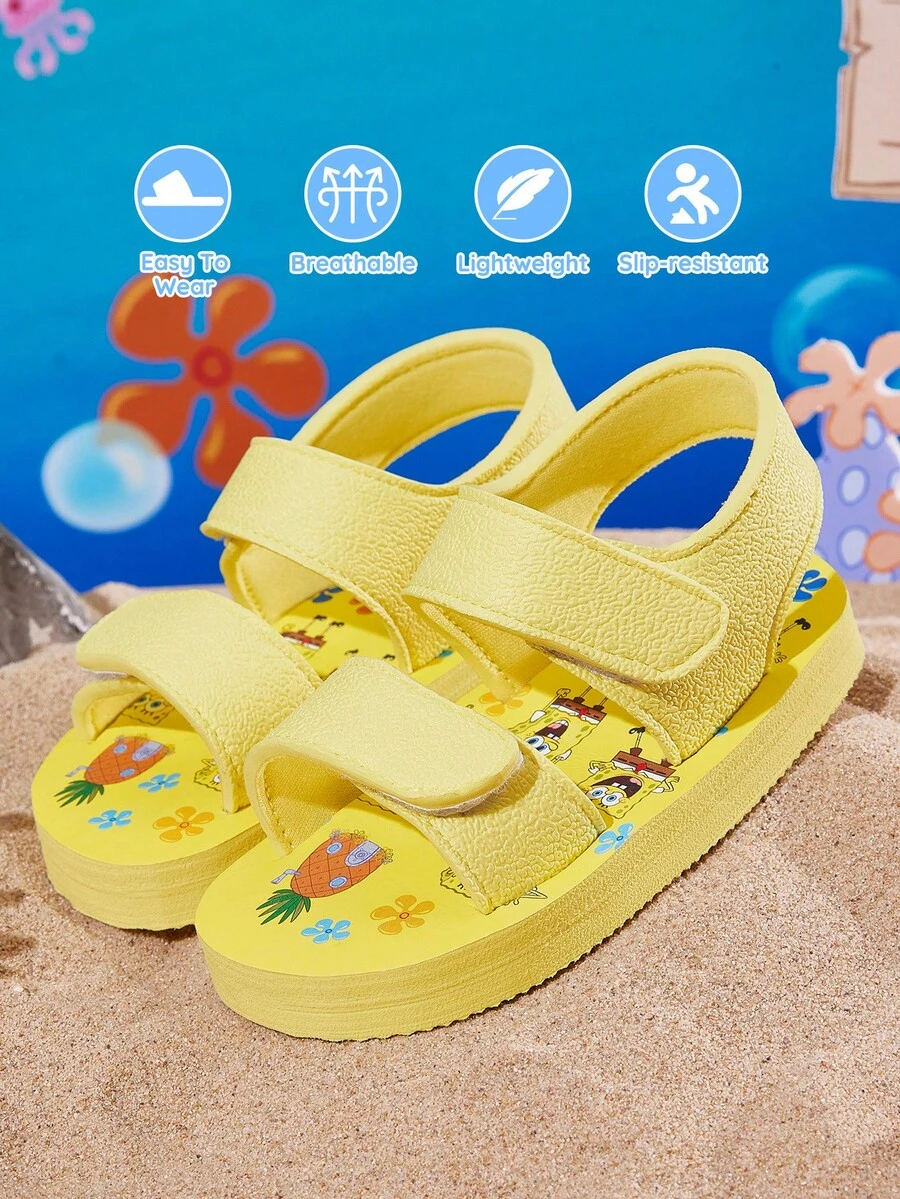 SpongeBob SquarePants | SHEIN 嬰兒涼鞋 防滑舒適透氣 卡通動物戶外沙灘鞋 - 黃色 - 查看 1