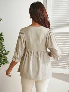 SHEIN Women's White Striped Shirt, Half-Open Collar, Single-Breasted, Loose Sleeves And Hem Design, Elegant Softmotherhood And Versatile, Autumn Maternity - Khaki - View 5
