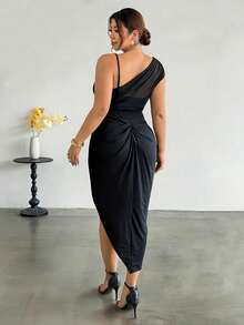 Firerie Plus Size Elegant Solid Color Asymmetric Sleeveless Dress, Summer Elegant Wedding Guest Black Dress For Women Graduation Black Dress For Women - Black - View 4