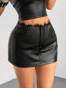 Jeanoix Minifalda con parches de encaje y revestimiento, estilo Y2K para mujer - Negro - Ver 4