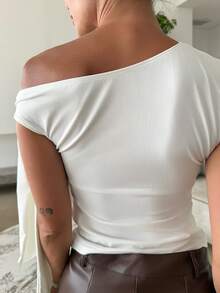 Mélanie ORL 優雅不對稱領口綁肩女款上衣，適合休閒約會、夜店派對、日常穿著，秋季白色夏季款 - 白色 - 查看 2
