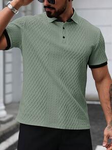 Manfinity CasualCool 男士夏季休閒度假日常通勤紋理面料對比滾邊短袖 Polo 衫 - 綠色 - 查看 5