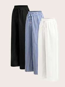 SHEIN Tall CURVE Conjunto de 3 piezas de pantalones casuales de vacaciones con cordón, textura y rayas de unicolor para mujer talla grande - Multicolor - Ver 6