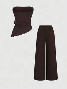 Sweetra Women's Solid Color Metal Decor Ruched Bandeau Top And Pants 2 Pieces Set - Coffee Brown - View 2