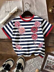 Divinelle Casual Minimalist Faux Craft Blue & Red Placement Print Round Neck Loose Short Sleeve T-Shirt For Women, Suitable For Spring/Summer - Multicolor - View 3