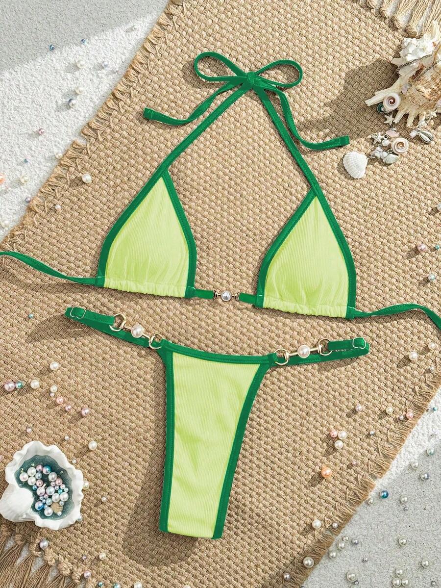 Swim Vcay Summer Beach Colorblock Contrast Trim Micro Triangle Bikini Set Music Festival