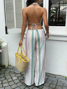 SHEIN EZwear Conjunto de 2 piezas de pantalones rectos estilizantes con diseño de rayas de colores y hebilla metálica en el cuello halter, para vacaciones de verano en la playa - Estilo casual chic americano - Multicolor - Ver 2