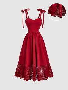 Vestido midi con lazo rojo, tirantes y busto fruncido - Light Blue - Ver 2