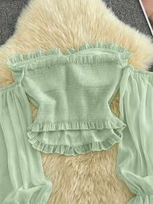 Resyla French Retro Pink Ruffle Off-Shoulder Pearl Button Flare Sleeve Cropped Top - Lime Green - View 2