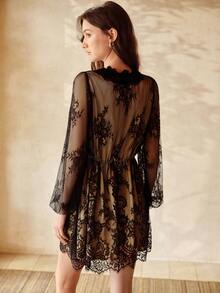 MOTF PREMIUM SPRING/SUMMER WOMEN'S V-NECK LACE WAIST-CINCHING SLEEP DRESS - Black - View 3
