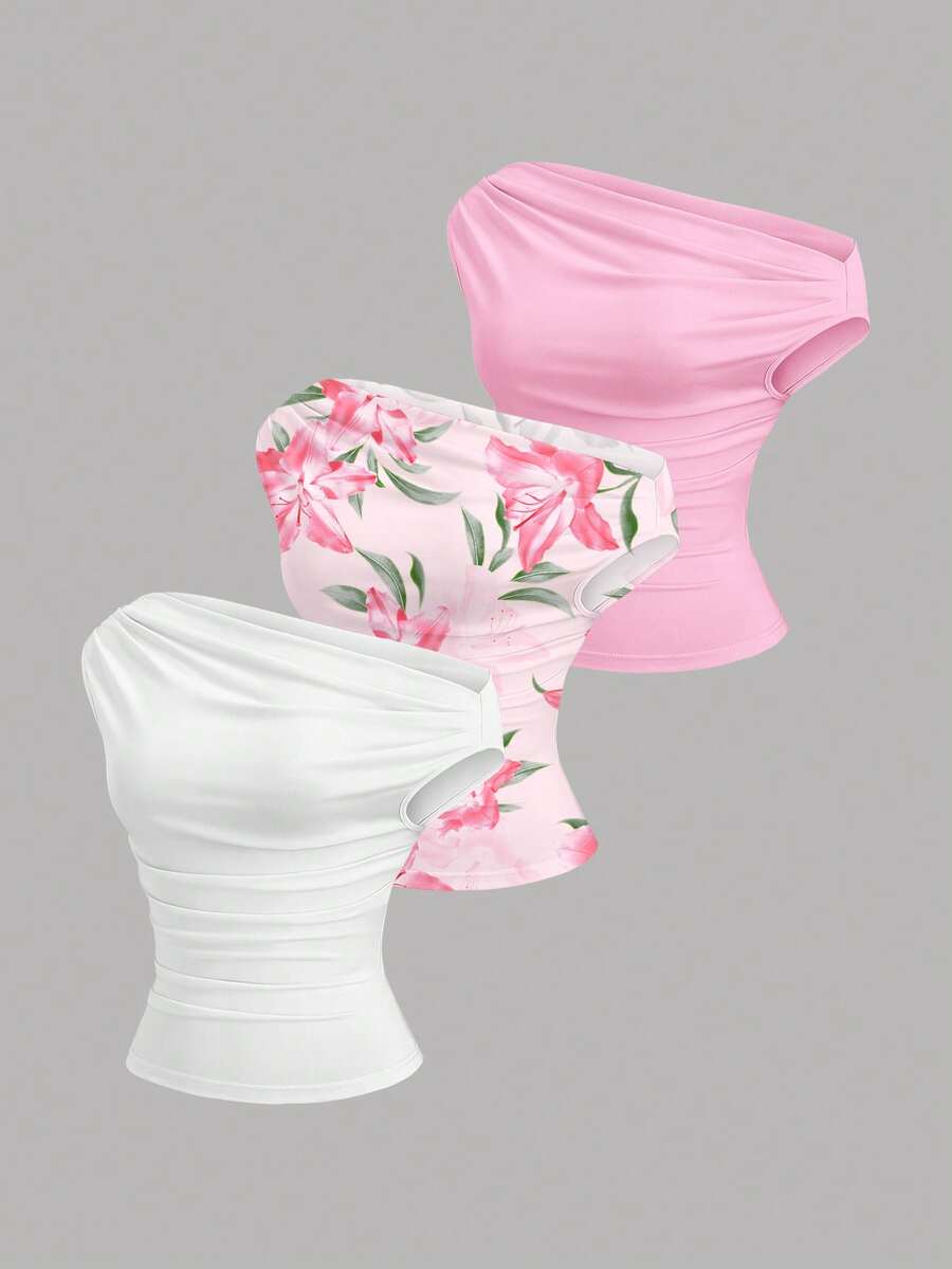 Sweetra Set Blus Wanita Musim Semi Asimetris dengan Ruffle dan Leher Asimetris, Elegan, Ringan, Nyaman, Serbaguna, dan Kasual. - MultiWarna - View 1
