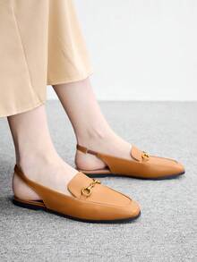 CUCCOO BIZCHIC 女款焦糖色馬頭扣背帶穆勒拖鞋，方頭平底通勤百搭慵懶拖鞋 - 黃色 - 查看 3
