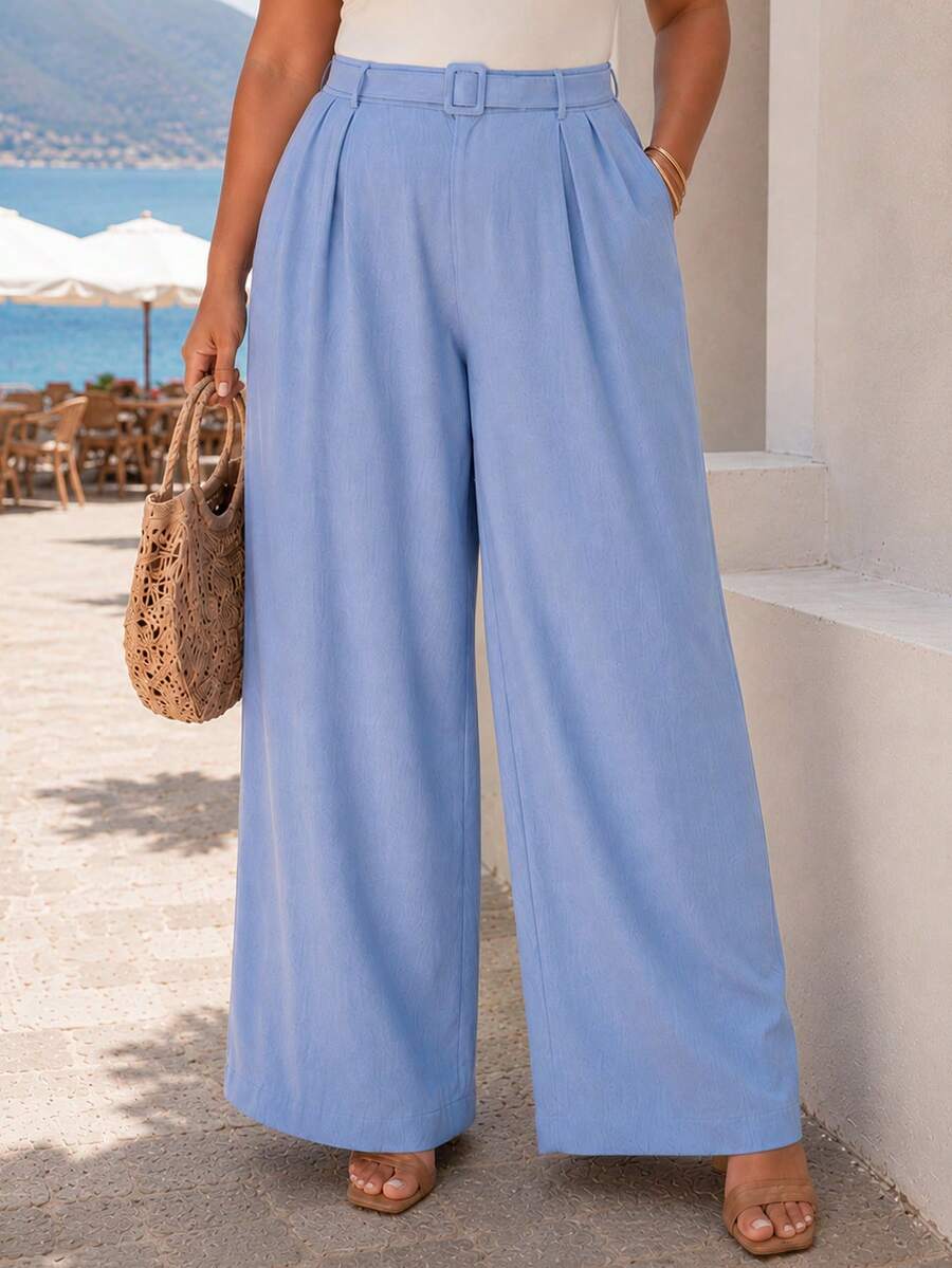 ELLERISSA Plus Size Blue Linen-Look Belted Wide Leg Trousers Fall - Blue - View 1