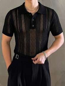 DAZY Black Ribbed Hollow-Out Half Mesh Short Sleeve Knit Top For Men Summer - Black - View 3