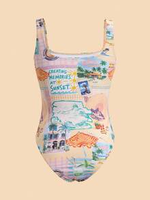 Travachic 1pc Women Abstract Line Star Print Allover Print Square Neck One-Piece Swimsuit, Suitable For Beach In Summer,Summer Outfits For Women,Swimsuits For Woman,Bathing Suits For Women - Multicolor - View 2