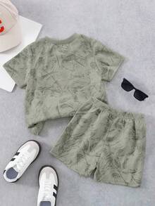 SHEIN Coolqubz 2件/套 小男孩日常度假休閒純色T恤 + 短褲，適合日常穿著、上學、旅行、戶外玩耍，夏季季節 - 薄荷綠 - 查看 2