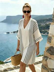 SHEIN CURVE+ Summer Fashion Casual Vacation French Vintage Elegant Commuter V-Neck Striped Print Dress - Apricot - View 3