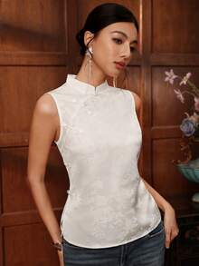 EastFlair Women's Summer Elegant Chinese Style Jacquard Frog Button Sleeveless Blouse - White - View 8