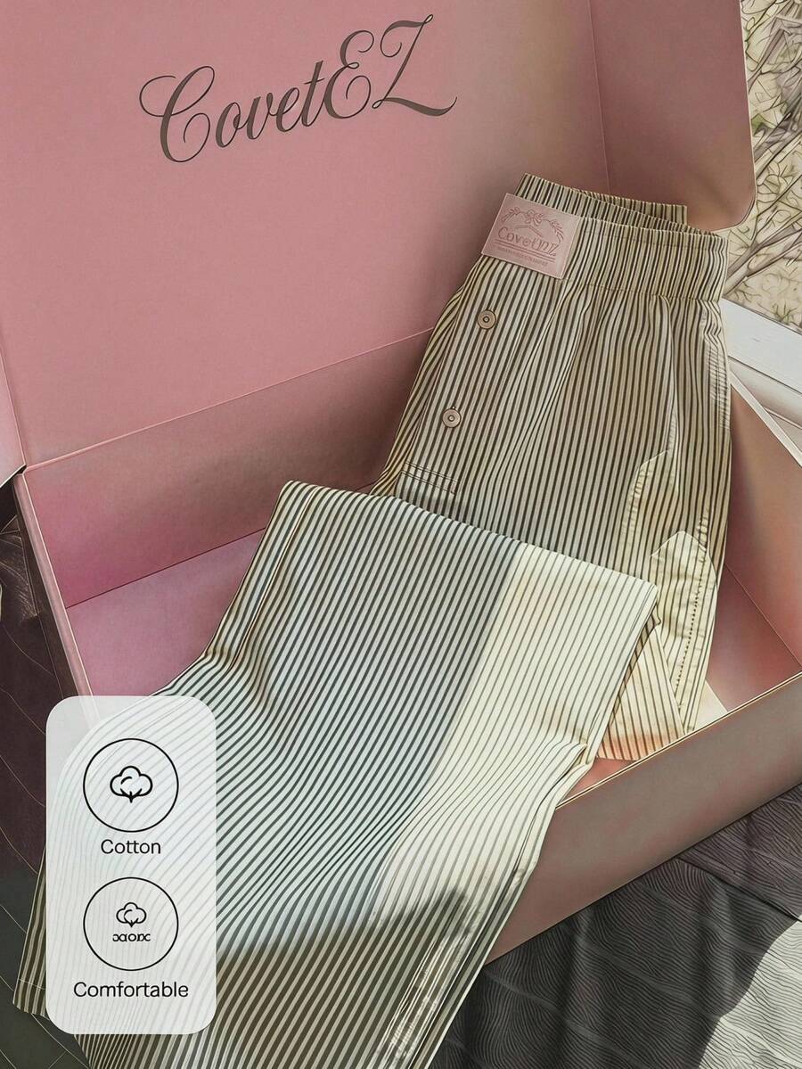 CovetEZ 女款條紋休閒寬鬆版型長褲鈕扣設計女款綠白條紋純棉睡褲寬鬆家居褲女款舒適棉混紡條紋家居褲女款柔軟彈性腰睡衣褲女款休閒條紋印花睡褲透氣純棉寬鬆版型睡褲 - 綠色 - 查看 1