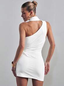 Hauture Women's One Shoulder Draped Casual Stretch Knit Dress Office Wear - White - View 2
