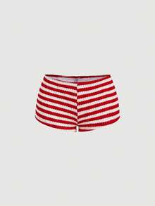 SHEIN MOD Women's Sexy Summer Beach Vacation Style Backless Knot Halter Neck Two-Piece Bikini Set With Contrast Striped Swim Bottoms 3pcs - Red - View 6