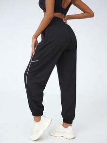 SHEIN EZwear 休閒百搭素色高腰寬褲 - 黑色 - 查看 5