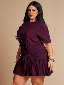 SHEIN BAE Gaun Pendek Lengan Pendek dengan Ikat Pinggang Warna Aprikot untuk Wanita Ukuran Besar - Purple - View 5