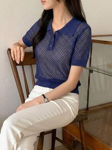 DAZY 女款商務休閒 Polo 領短袖針織上衣 夏季款 - 藏蓝色 - 查看 4