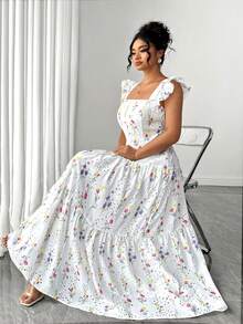 SHEIN Clasi Vestido Casual de Primavera para Saída, Chá da Tarde, Cintura Marcada, Estampa Floral Elegante, Resort Praia, Tamanhos Grandes para Mulheres - Branco - Visão 8