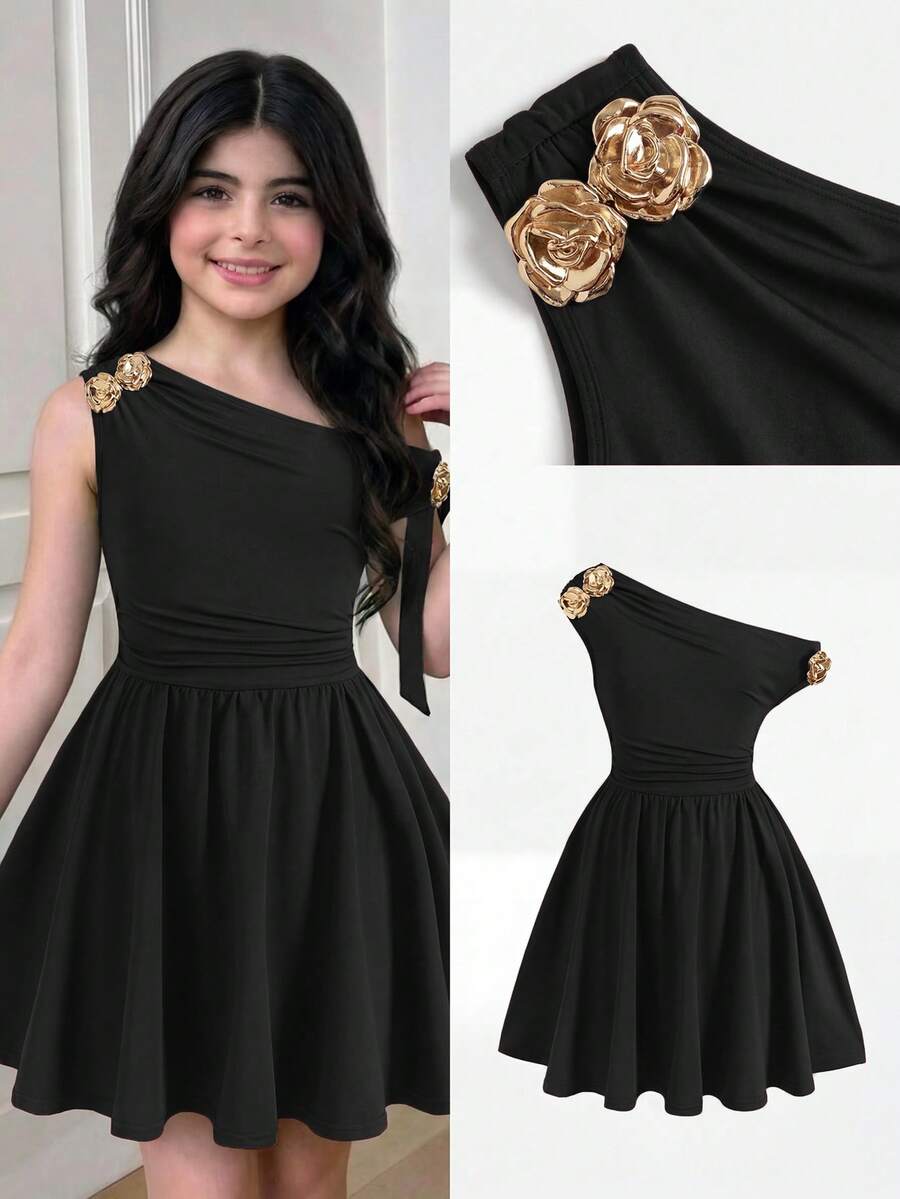 SHEIN Váy bánh kem xếp tầng nhún vai lệch cổ tròn không tay cho bé gái tuổi teen, đính phụ kiện hoa hồng kim loại, phong cách công chúa lộng lẫy, trang phục trang trọng, đồ chị em, váy tiệc, đồ sinh nhật cho chị em gái, phù hợp mặc hàng ngày, lễ tết, họp mặt gia đình và dịp đặc biệt, phong cách chị em, xuân/hè, đi chơi, dễ thương, thanh lịch, ngọt ngào, vintage, thời trang, đồ mẹ và con gái và chị em mặc đồng bộ - màu đen - Xem 1