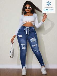 SHEIN SXY Celana Jeans Wanita Ukuran Besar dengan Tali Serut di Pinggang, Desain Sobek, Kasual, Serbaguna untuk Aktivitas Sehari-hari - Dark Wash - View 6