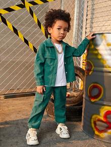 SHEIN 男童1件翻蓋口口袋夾克和1條長褲 - 墨綠色 - 查看 3